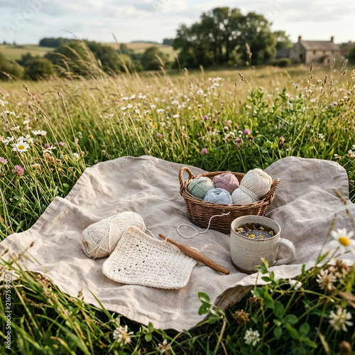 Crochet WIP project with yarn basket, tea cup, and distant cottage in a summer meadow landscape
