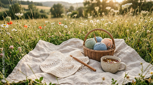 Crochet hobby scene with yarn balls in a basket and herbal tea on a linen blanket in a summer wildflower meadow