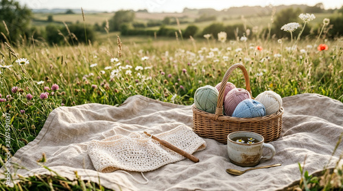 Crochet project with yarn basket and herbal tea on a blanket in a scenic countryside meadow