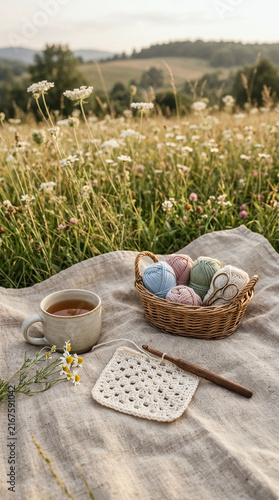 Crochet granny square with yarn basket, scissors, and chamomile flowers in a summer field
