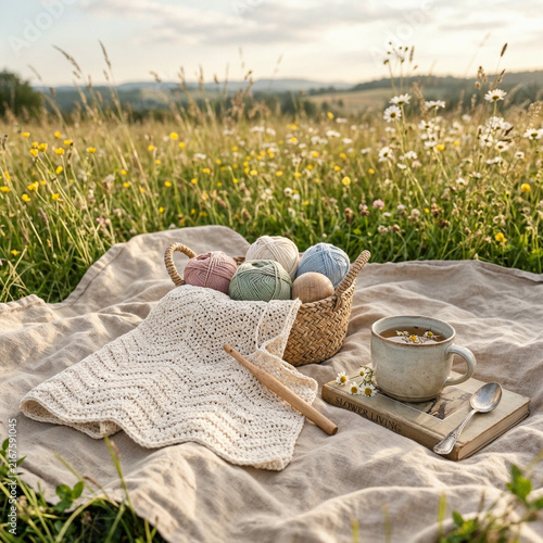 Crochet blanket in progress with yarn basket, tea cup, and book on a blanket in a summer meadow