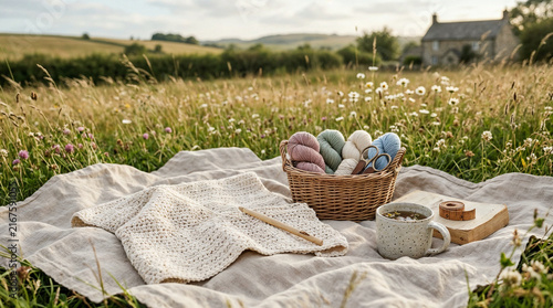 Crochet WIP project with yarn skeins in basket, tea cup, and book with cottage landscape in background