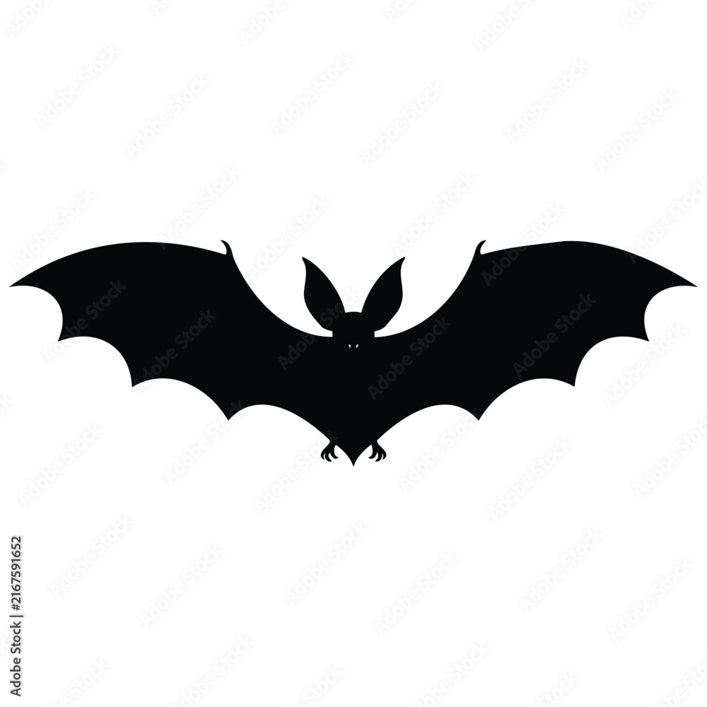 Fototapeta premium Large bat silhouette with spread wings isolated on white for halloween vector graphic art.