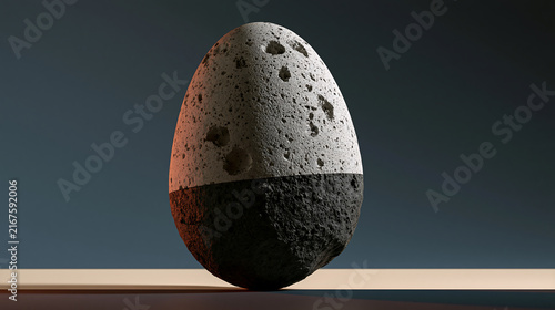 A single egg-shaped stone with a dual-tone texture, featuring a rough grey and a dark black bottom, set against a dark background