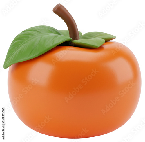 Fresh orange persimmon fruit with green leaf rendered in smooth 3D clay style isolated on plain white background