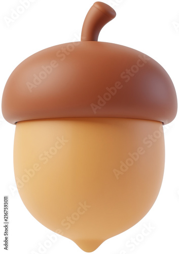 Cute 3D rendered brown acorn nut rendered in smooth clay style isolated on plain white background