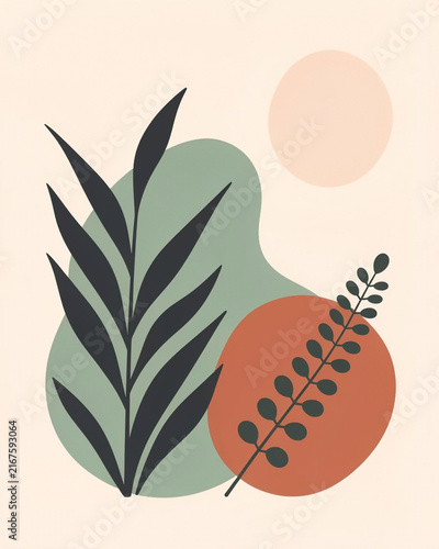 A minimalist abstract art print featuring organic, fluid shapes and botanical elements against a soft, creamy beige background