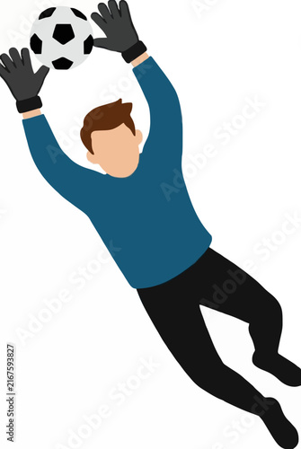 Hand-traced vector illustration of a goalkeeper diving upward with gloved hands to catch a soccer ball, featuring flat color style, clean lines, athletic motion, and dynamic sports action suitable
