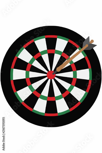 Hand drawn vector illustration of a classic dartboard with colorful red and green number rings and a wooden arrow striking the bullseye, perfect for sports themes