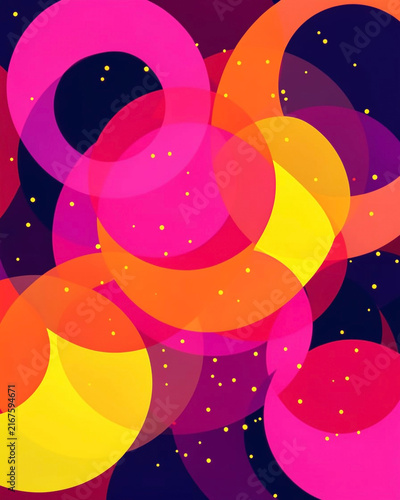 An abstract digital composition featuring a vibrant, multi-layered background of overlapping circles and irregular rounded shapes