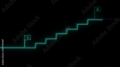 Cyan color Stairs icon sign icon animation. Glowing neon business graph chart concept on black background