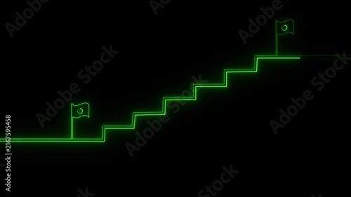 Stairs icon sign icon animation. Glowing neon business graph chart concept on black background. 4k video