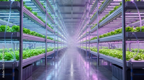 Illuminated indoor hydroponic farm with rows of lush green lettuce growing under vibrant purple and blue led lights futuristic agritech for healthy food.
