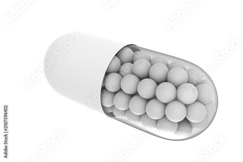 3D render of a white transparent medical capsule filled with small spheres or granules. Set of isolated medical pill illustrations from different camera angles, perfect for pharmaceutical design, heal