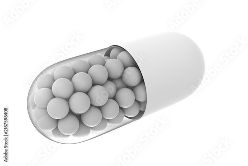 3D render of a white transparent medical capsule filled with small spheres or granules. Set of isolated medical pill illustrations from different camera angles, perfect for pharmaceutical design, heal