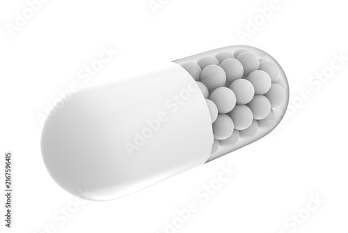 3D render of a white transparent medical capsule filled with small spheres or granules. Set of isolated medical pill illustrations from different camera angles, perfect for pharmaceutical design, heal