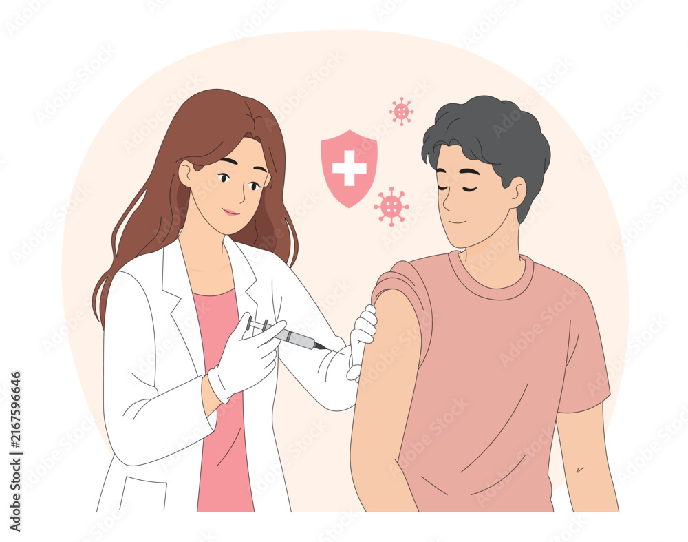 Fototapeta premium Doctor Administering a Vaccine Injection to a Patient, Vaccination and Immunization for Disease Prevention and Healthcare Protection Concept, Flat Vector Illustration.