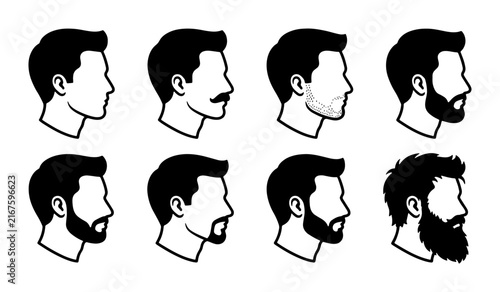 Diverse Male Beard Styles Collection, Vector Icons Set: Clean Shaven to Full Beard, Moustache Variations, Grooming & Styling Concepts