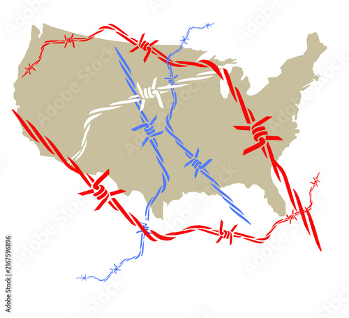  The USA is a tangle of political conflict and disagreement and this idea is represented with red white and blue barbed wire over a map of America.