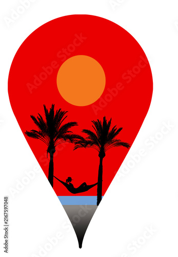 A map pin of a great vacation spot is decorated with an image of  a woman on a beach with a setting sun and palm trees.