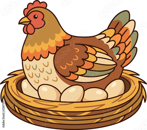 Charming Cartoon Hen Brooding on Eggs in Straw Nest Vector Illustration Featuring a Brown Chicken Character for Farm Food Production and Easter Designs