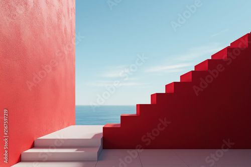 architecture by ai, red minimalist concrete building with split red and white stairs overlooking the sea, photorealistic