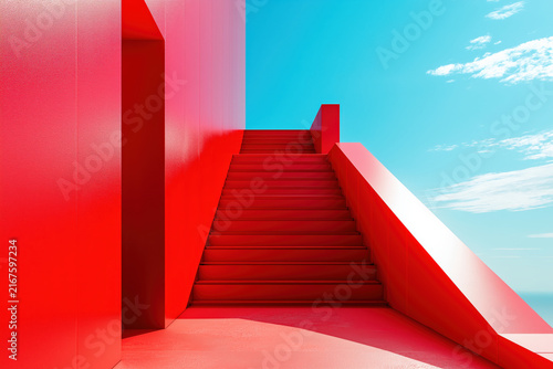 architecture by ai, red minimalist concrete building with red stairs between tall walls and bright blue sky, photorealistic
