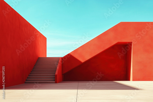 architecture by ai, red minimalist concrete building with stairs, angular walls and doorway beneath blue sky, photorealistic