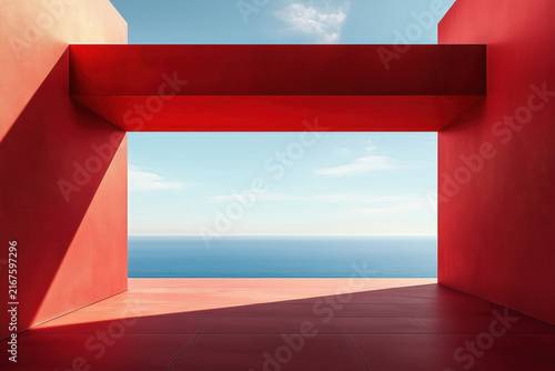 architecture by ai, red minimalist concrete modern design, deep rectangular portal framing ocean and sky, photorealistic