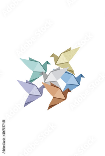 Cluster of pastel paper origami doves in flight, hand-drawn vector icon illustration with soft earthy tones arranged in a graceful circular flock formation on white background