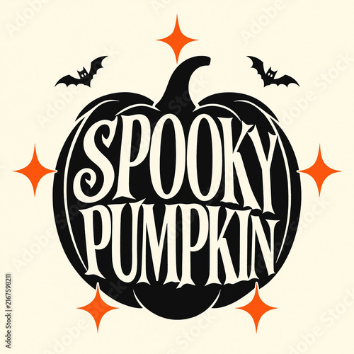 Spooky pumpkin halloween illustration with vintage text bats and glowing stars flying bats jack o lantern autumn holiday spooky season trick or treat october design scary typography