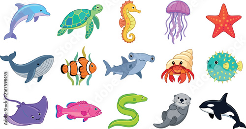 Cute Sea Animals Cartoon Character Vector Set with Whale Turtle Shark Dolphin and Coral Reef Creatures for Kids Educational Materials and Stickers