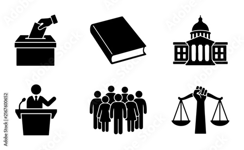 Government and Civic Icons: Voting, Law, Education, Public Speaking, Community, Justice Symbols