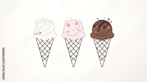 Three cute cartoon ice cream cones in black mesh waffle cones. Light, pink, and brown flavors with strawberry, sauce, snowflakes, white background.