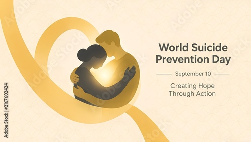 Two figures embracing warmly with glowing golden light to promote awareness for world suicide prevention day featuring soft artistic gradients on a light beige patterned background
