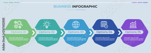 Horizontal business infographic with five hexagon steps and arrow connectors