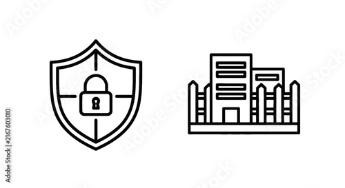 Shield with padlock icon and modern building structure line art graphics building structure security protection architecture property template