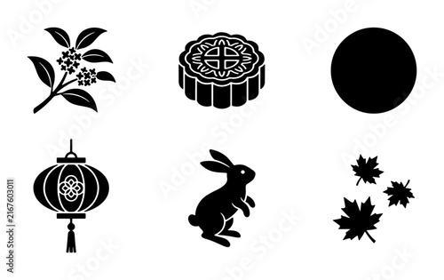 Mid-Autumn Festival Icons: Mooncake, Rabbit, Lantern, Osmanthus, Maple Leaves, Full Moon Vector Set for Celebration Graphics