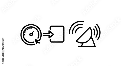 Speedometer document arrow transfer and satellite dish communication line icons with speedometer document transfer satellite communication