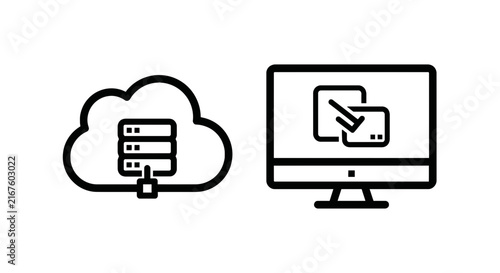 Cloud server storage infrastructure and desktop computer file management line graphics with infrastructure computer management database computing