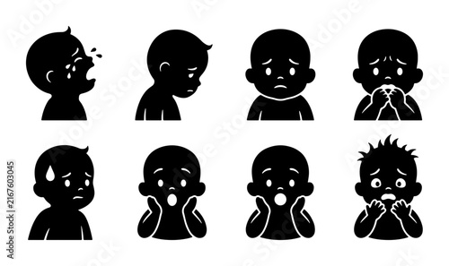 Sad Child Emotions Vector Icons, Upset Kid Silhouettes, Distress and Anxiety Expressions, Crying and Fearful Toddler Moods, Emotional Distress Set