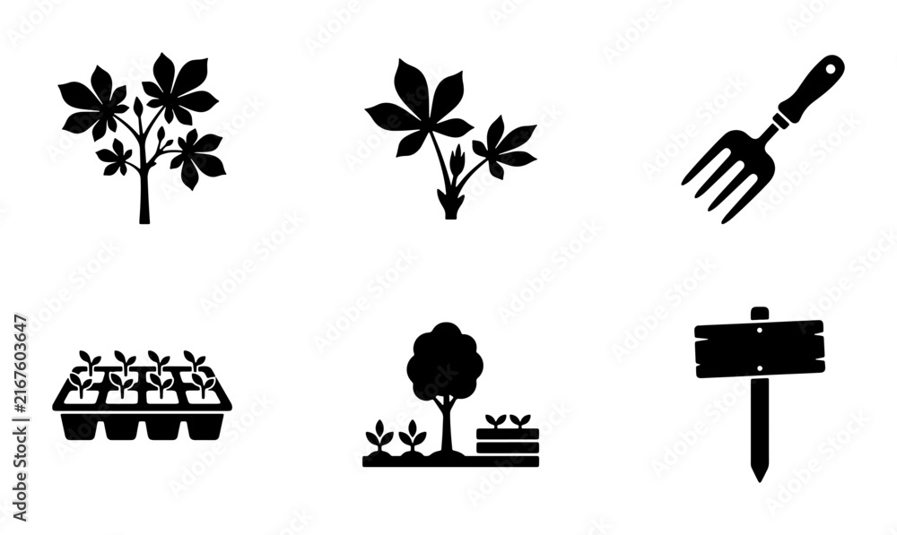 Fototapeta premium Gardening Icons Set, Plant Seedling Tools, Organic Farming Vector Graphics, Nature Growth Symbols, Agricultural Elements Collection