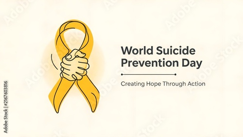 Yellow awareness ribbon intertwined with clasped human hands symbolizing solidarity and support during world suicide prevention day activities featured in this simple elegant minimalist graphic design