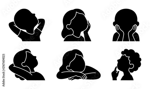 Foto Silhouette Poses of People Looking Up, Contemplating, Dreaming, Vector Icons Set