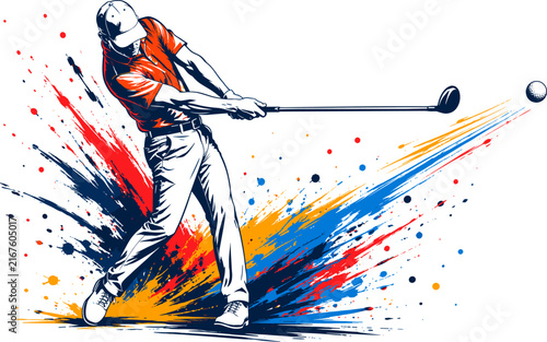 Golfer Swinging with Dynamic Splash Background, Action Illustration, Sports Concept, Vibrant Design, Energetic Movement.
