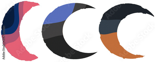 Konstfotografi A trio of retro halftone crescent shapes in bold mixed media color blocks
