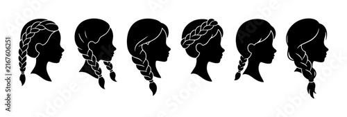 Braided Hairstyles Collection, Silhouette Vector Set of Six Diverse Braid Styles for Women and Girls, Elegant Updos and Ponytails, Black and White Graphic Elements