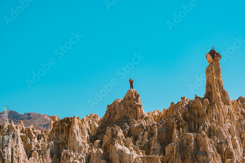 Sunny, rocky landscape with a blue sky in the Valley of the Moon in La Paz, Bolivia - travel concept