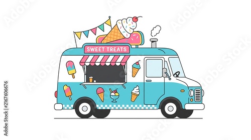 Bright cartoon blue and white ice cream food truck with a pink 