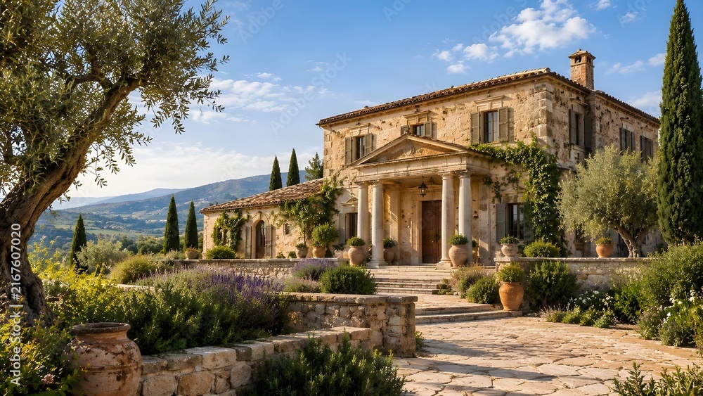 Obraz premium Charming Provençal stone country house with climbing roses and lavender garden at golden hour 